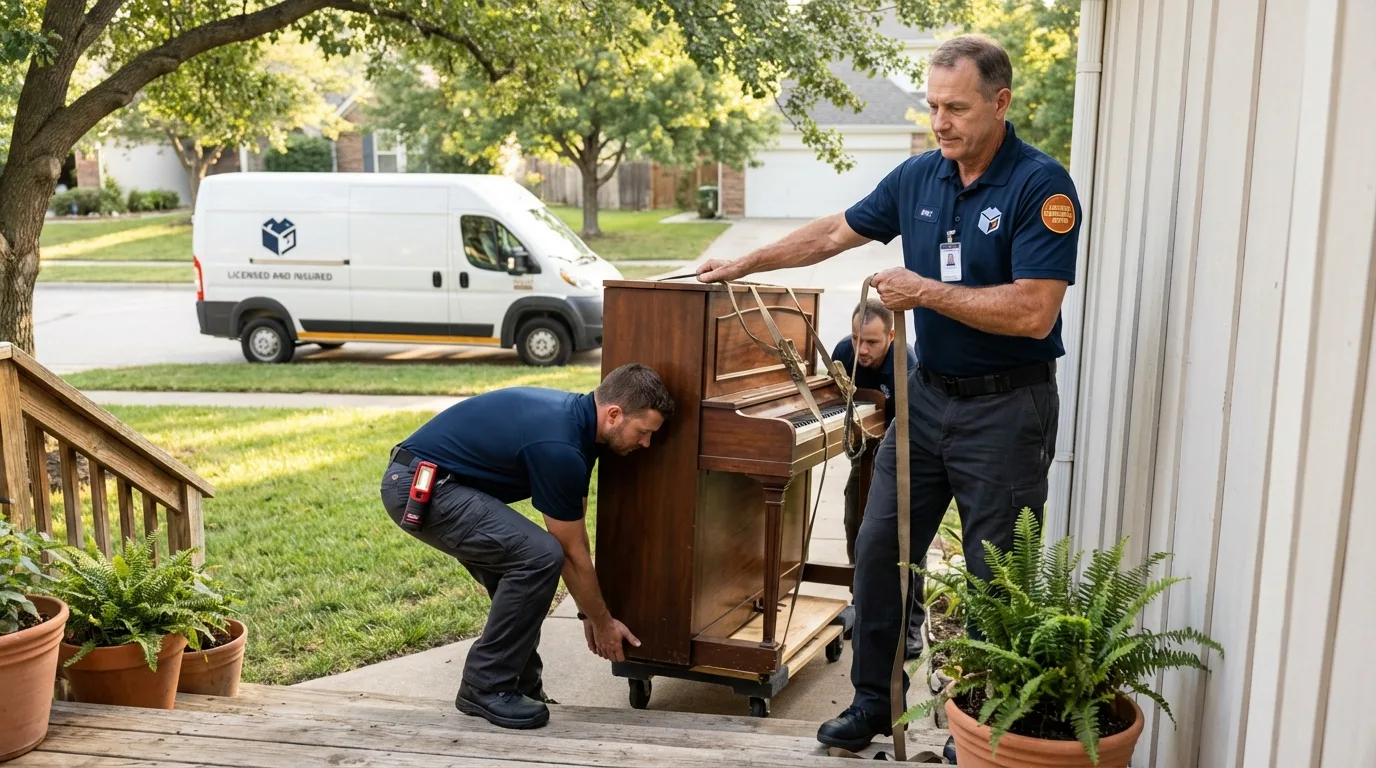 Licensed piano movers securing grand piano in Stroudsburg, PA
