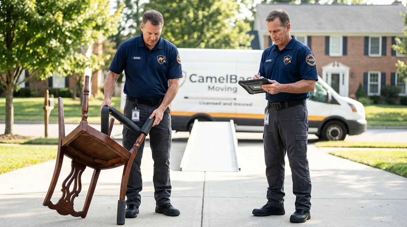 Movers inspecting furniture for damage prevention before loading in Stroudsburg, PA