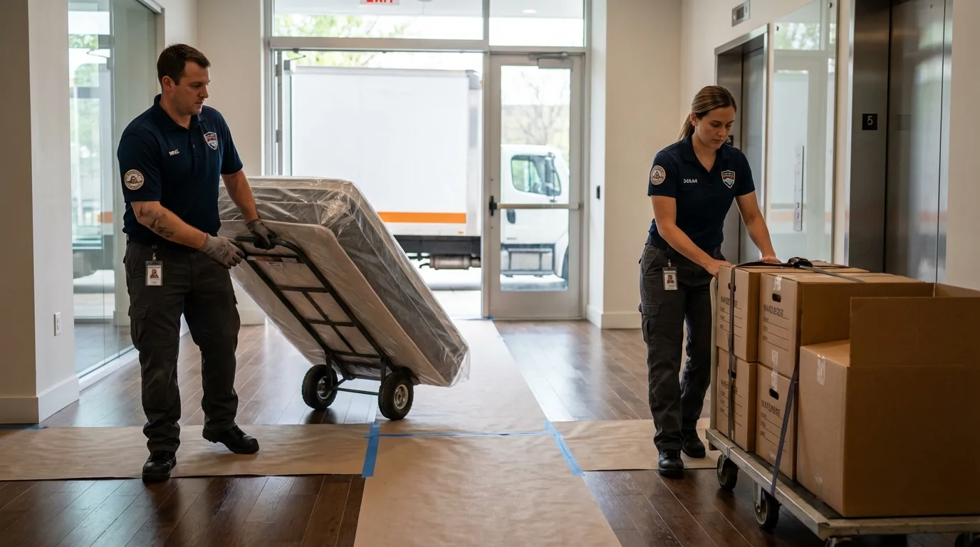 Professional apartment movers loading elevator in Stroudsburg, PA